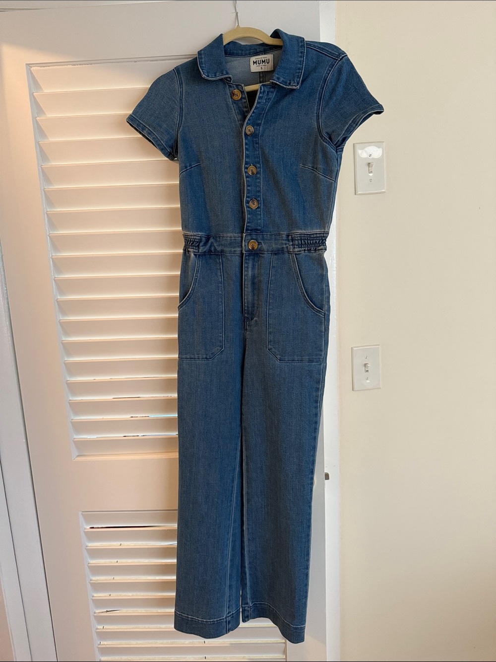 Mumu Denim Button-Up Jumpsuit in Medium Blue